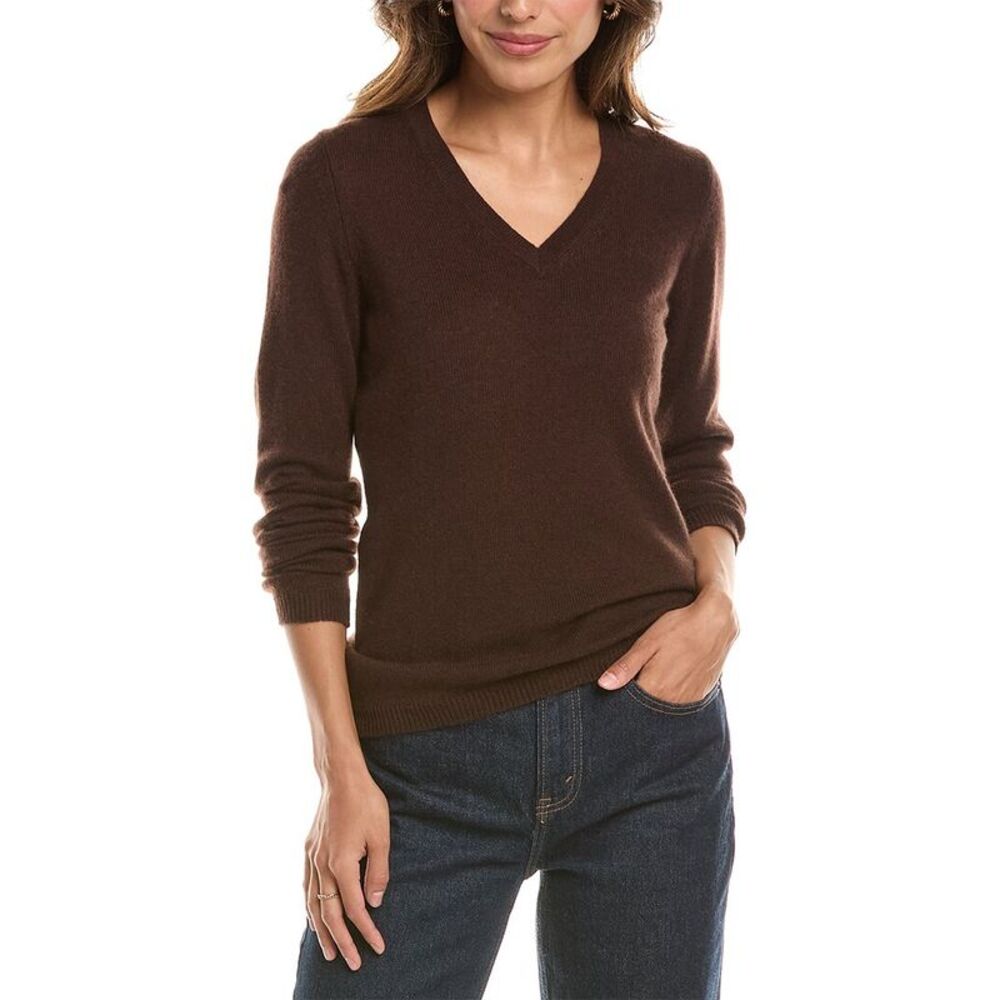 Forte Cashmere Womens  Basic V-Neck 100% Cashmere Pullover, Brown